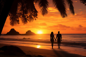 Silhouetted young couple against sunset in a beach landscape. Generative AI