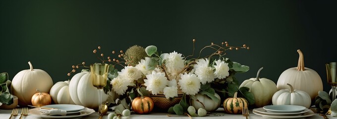 Luxury table setting with elegant white pumpkins and flowers.