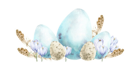Watercolor spring Easter composition with pale blue eggs, beige feathers and first purple flowers crocuses. Hand drawn boho, vintage style arrangement for invitation, card, logo, label design - obrazy, fototapety, plakaty