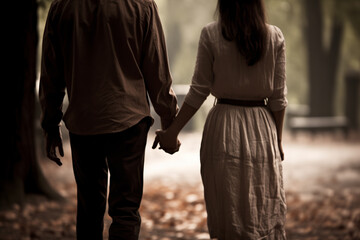Fototapeta premium Walk of lover .Couple holding hands while walking on a pathway.