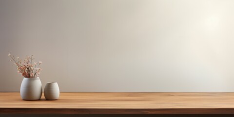 White wall and vase with dry flower on wooden table background with Copy space. Minimalistic interior of modern empty room in scandinavian style.