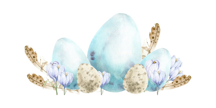 Watercolor spring Easter composition with pale blue eggs, beige feathers and first purple flowers crocuses. Hand drawn boho, vintage style arrangement for invitation, card, logo, label design