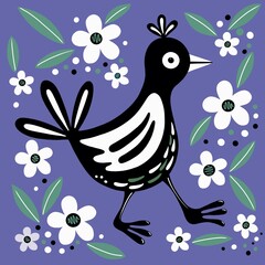 Quirky bird illustration. The bird is walking and is surrounded by stylised flowers and leafs. A bold, contemporary, square design on a purple background. Modern artwork in a colourful cartoon style.