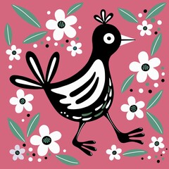 Quirky bird illustration. The bird is walking and is surrounded by stylised flowers and leafs. A bold, contemporary, square design on a pink background. Modern artwork in a colourful cartoon style.