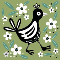 Quirky bird illustration. The bird is walking and is surrounded by stylised flowers and leafs. A bold, contemporary, square design on a green background. Modern artwork in a colourful cartoon style.
