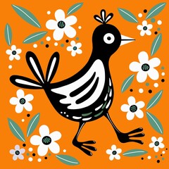 Quirky bird illustration. The bird is walking and is surrounded by stylised flowers and leafs. A bold, contemporary, square design on an orange background. Modern artwork in a colourful cartoon style.