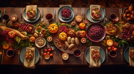 Festive Thanksgiving table, top view.