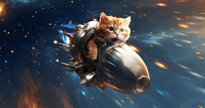 Funny cat flies on a rocket into space. Modern collage motion design.