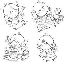 Cartoon characters of beautiful cute fairies. Linear vector illustration