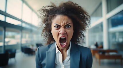 Angered, furious, crazy and mad millennial businesswoman or female office worker - obrazy, fototapety, plakaty