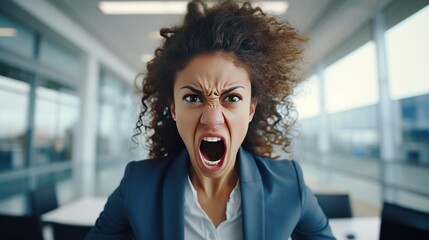 Angered, furious, crazy and mad millennial businesswoman or female office worker