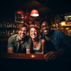 A diverse group of friends having fun socialising at a bar - obrazy, fototapety, plakaty