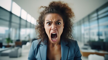 Angered, furious, crazy and mad millennial businesswoman or female office worker - obrazy, fototapety, plakaty