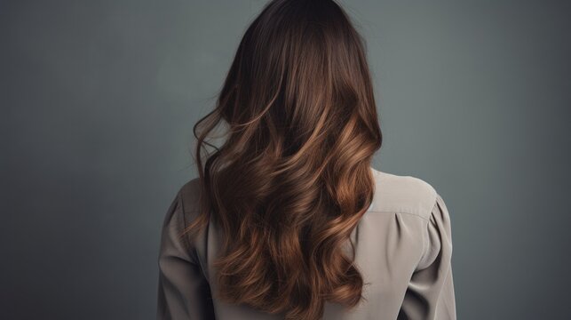 Back view of beautiful brown haired woman on gray background