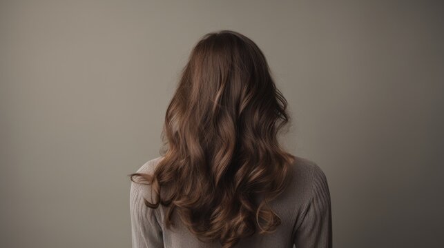 Back view of beautiful brown haired woman on gray background