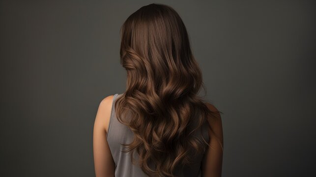Back view of beautiful brown haired woman on gray background