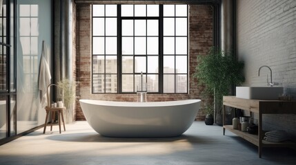 Bathroom details,Big white bathtub in a middle of industrial loft bathroom