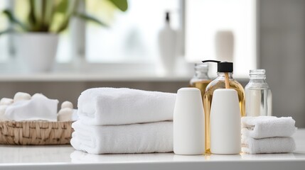 Fototapeta na wymiar Ceramic soap, shampoo bottles and white cotton towels on white counter table