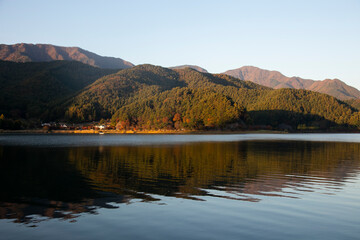 Views  of Mount Fuji covered in snow from Kawaguchi lake in Japan.