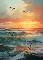 A mural of seagulls flying over the ocean at sunset. AI generative