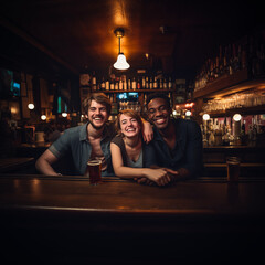 A diverse group of friends having fun socialising at a bar