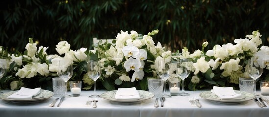 The table at the wedding party was adorned with a beautiful white floral design that showcased the background of nature s love through the texture of delicate petals and rich green foliage 