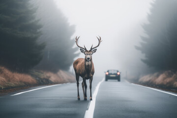 Deer standing on the road near the forest on a misty, foggy morning. Road hazards, wildlife and transport - obrazy, fototapety, plakaty