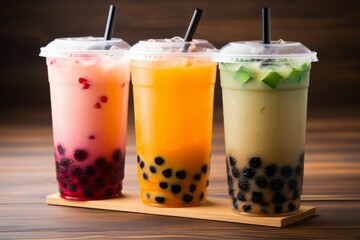 variety of newly served glasses of boba bubble tea Colorful slices of fruit
