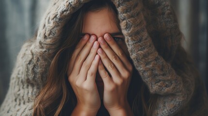 Close up of unhappy anxiety young caucasian female covering face with hands 