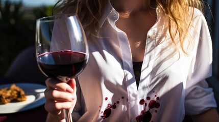 Women and fashion concepts,Close-up Woman with spilled wine over her shirt - obrazy, fototapety, plakaty