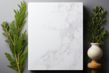 Empty marble card blank, template, mockup on the background of green plants in vase decorations