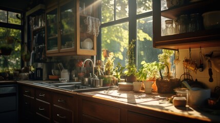 Details in the kitchen, morning sunlight coming in through the window, kitchen and nature