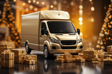 Delivery van with gift boxes on bokeh background.