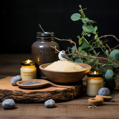 Obraz na płótnie Canvas Spa and wellness setting with natural organic soap, candles and essential oils. Spa products on a wooden table. Natural cosmetics for skin care. 