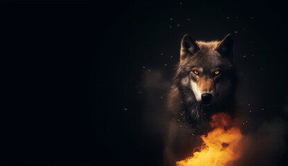Fantasy wolf - fire, flames, ashes, smoke, embers, mist, fog - horizontal banner copy text space - mysterious brown and black wolf