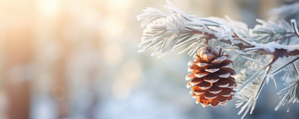 frozen fir branch with pinecone in winter nature