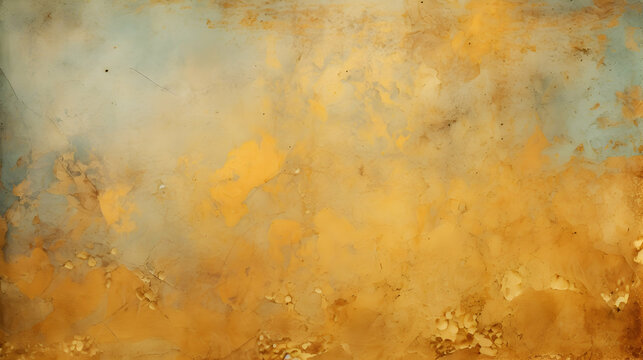 Vintage grunge background with patina like colors, cracks, and golden brown and yellow red paper textures. Photo studio backdrop. Wallpaper. Generative AI.