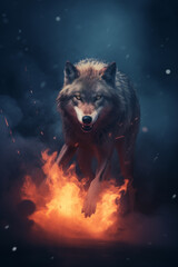 Fantasy wolf - fire, flames, ashes, smoke, embers, mist, fog - Brown fur colored wolf
