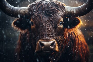 A bull in the rain portrait, angry look - obrazy, fototapety, plakaty