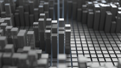 rendered abstract simple-3D scene resembling urban scene or cityscape. 3D rendering