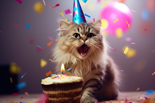 Cat celebrating birthday with balloons, cute cat and cake portrait