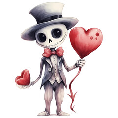 Cute skeleton holding red heart