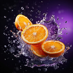 Fresh orange slices falling into water with splash on purple, violet background, close up. 
