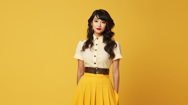 Woman and fashion concept, portrait of Asian woman in skirt posing on yellow background