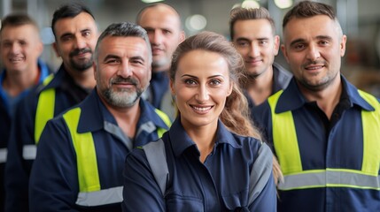 Group of male and female factory workers crossed arms and smiling in industry factory,
