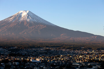Views of Mount Fuji at dawn from the Chureito Pagoda temple in Fujiyoshida, Japan.