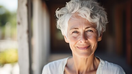 White-haired woman smiling at the camera, senior age woman 