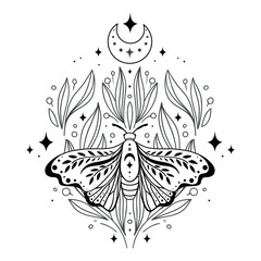 Magical monochrome butterfly night moth and twigs, crescent, stars and fairy dust on white background. Vector symmetric celestial boho print, tattoo sketch - obrazy, fototapety, plakaty
