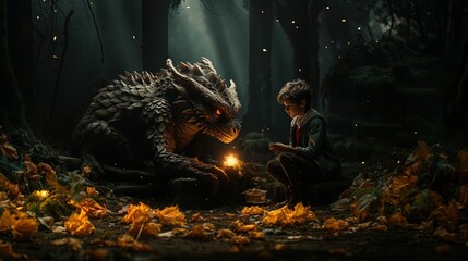 Boy with his dragon at night in the forest resting.