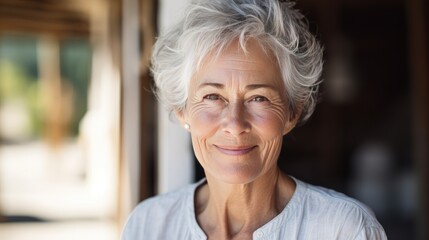 Fototapeta na wymiar Headshot of beautiful elderly woman looking at camera and smiling while standing ,Emotions and health concept,